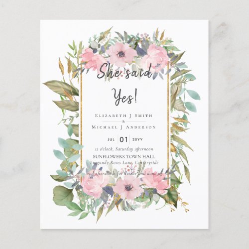 BUDGET  Pink Blush Floral Sage Greenery Wedding Flyer