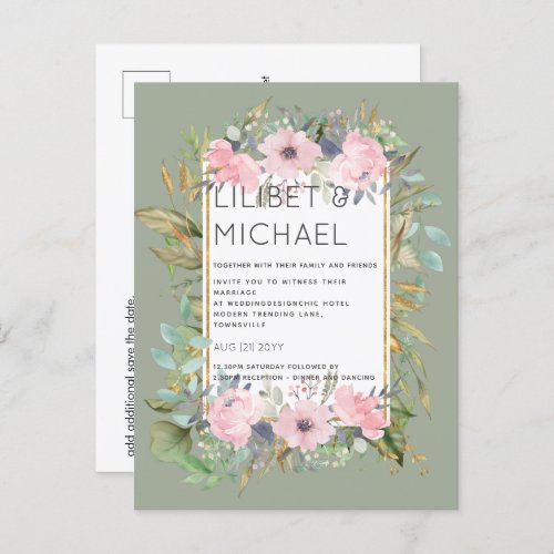 BUDGET  Pink Blush Floral Sage Greenery Wedding Postcard