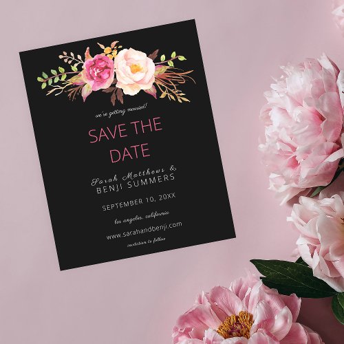 Budget Pink Blush Floral Save the Date _ Black Flyer