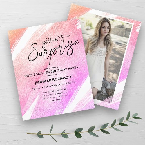 Budget Pink Blush Ombre Surprise Sweet 16 Invites 