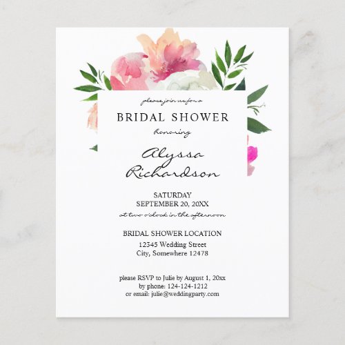 Budget Pink Blush White Floral 1C Bridal Shower Flyer