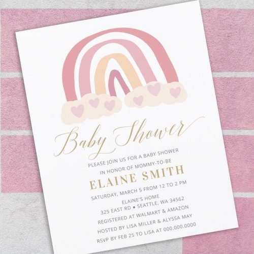 Budget Pink Boho Rainbow Baby Shower Invitation