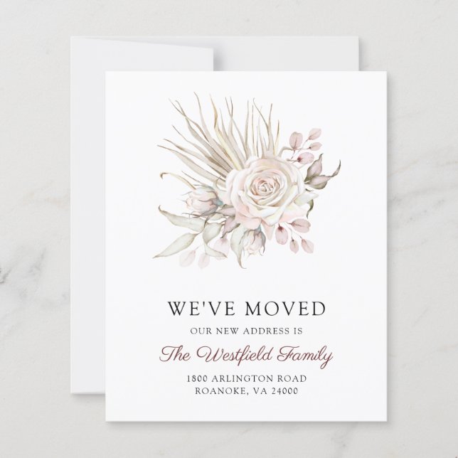 Budget Pink Boho Roses New Address Card (Front)