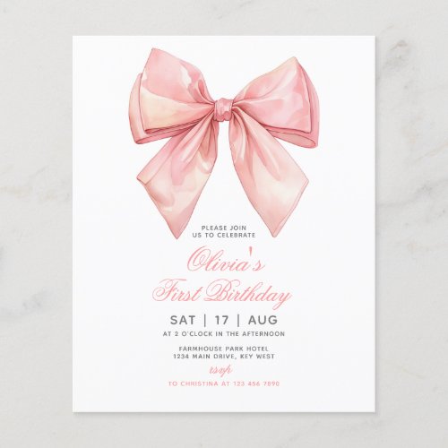 Budget Pink Bow Girl First Birthday Invitation