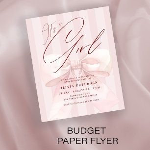 Budget pink bow its a girl baby shower invitation flyer