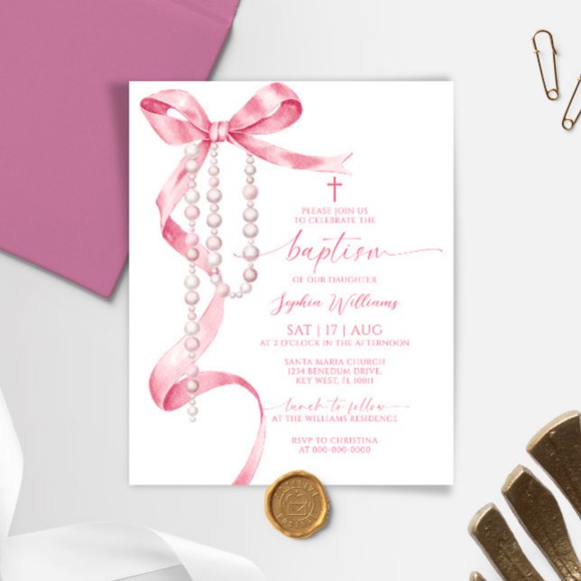 Budget Pink Bow & Rosary Baptism Invitation (Creator Uploaded)