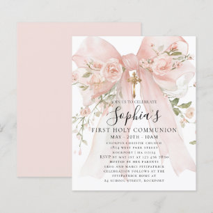 BUDGET Pink Bow Rose Floral First Communion Invite