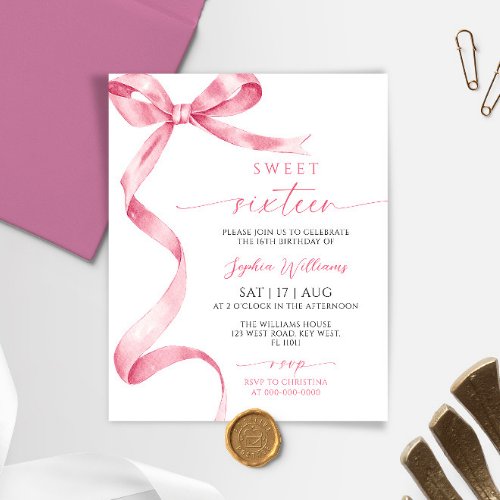 Budget Pink Bow Sweet 16 Birthday Invitation