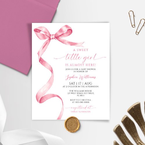 Budget Pink Bow Sweet Girl Baby Shower Invitation