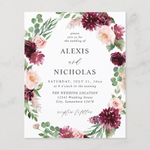 Budget Pink  Burgundy Floral 7 Wedding Flyer