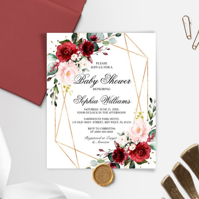 Budget Pink & Burgundy Rose Baby Shower Invitation (Creator Uploaded)