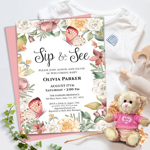 Budget Pink Butterfly Girl Baby Sip and See Invite