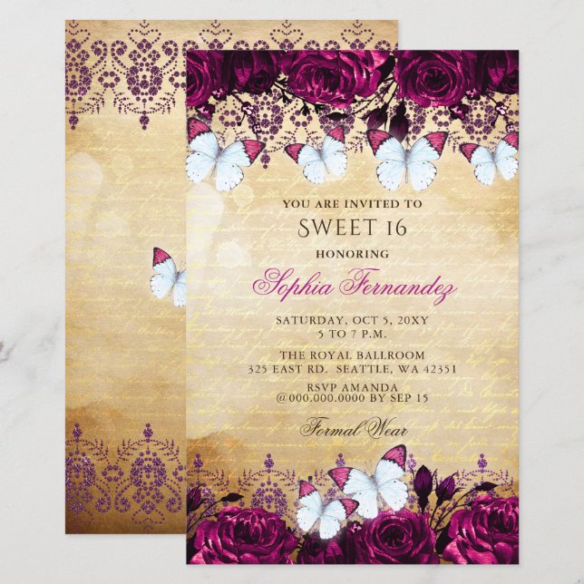 Budget Pink Butterfly Sweet 16 Invitation (Front/Back)