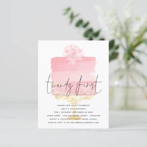 Budget Pink Cake Script 21st Birthday Invitation 