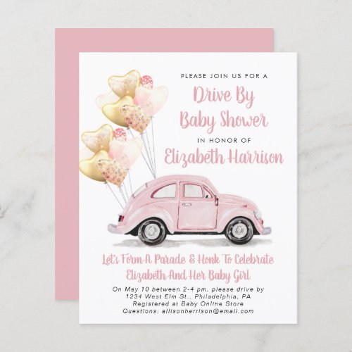 Budget Pink Car Drive By Baby Shower Invitation
