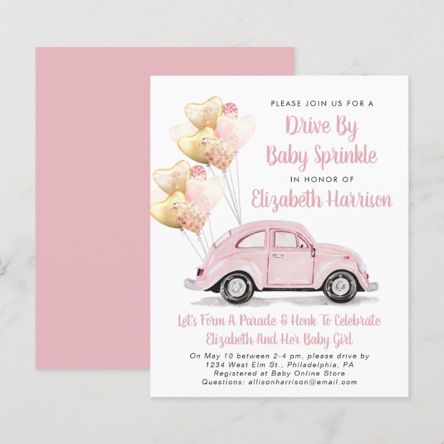 Budget Pink Car Drive By Baby Sprinkle Invitation (Front/Back)