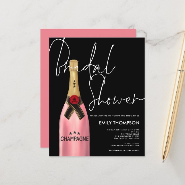 Budget Pink Champagne Script Black Bridal Shower (Front/Back In Situ)
