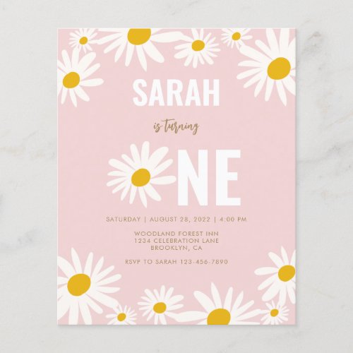 BUDGET Pink Daisy Flower 1st Birthday Invitatation