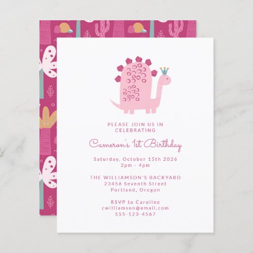 Budget Pink Dinosaur 1st Birthday Invitation