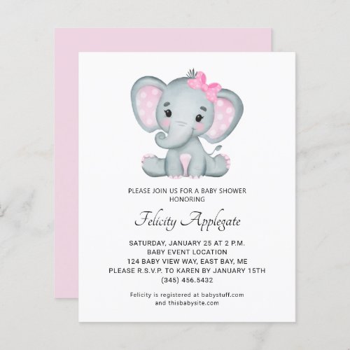 Budget Pink Eleghant Girl Baby Shower Invitation