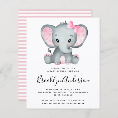 BUDGET Pink Elephant Baby Shower Invitation