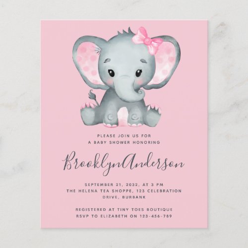 BUDGET Pink Elephant Baby Shower Invitation