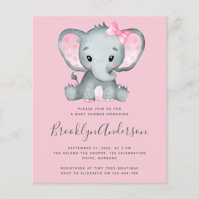 BUDGET Pink Elephant Baby Shower Invitation (Front)