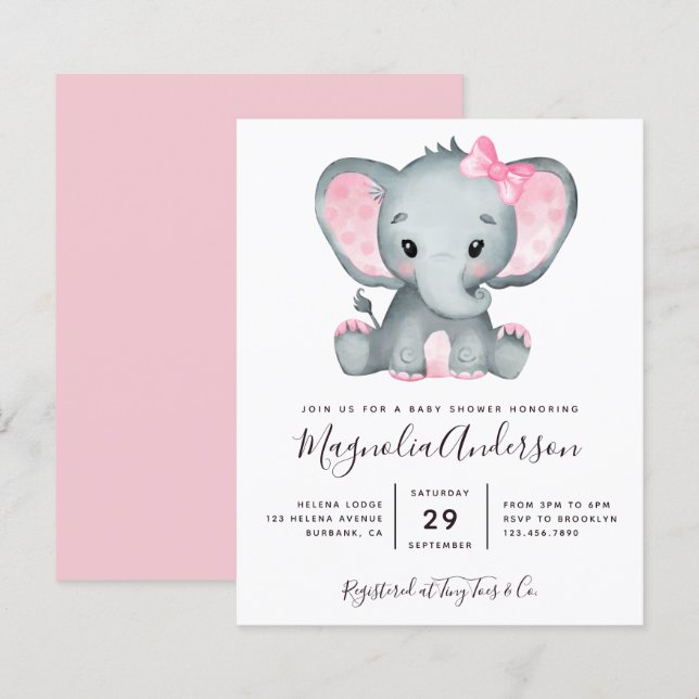 BUDGET Pink Elephant Baby Shower Invitation (Front/Back)
