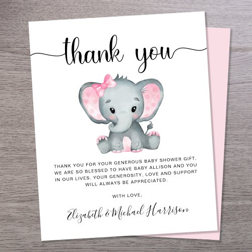 Budget Pink Elephant Baby Shower Thank You Card