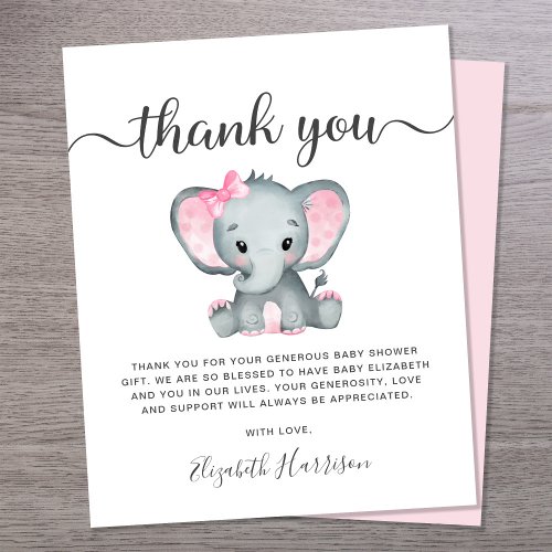 Budget Pink Elephant Baby Shower Thank You Card