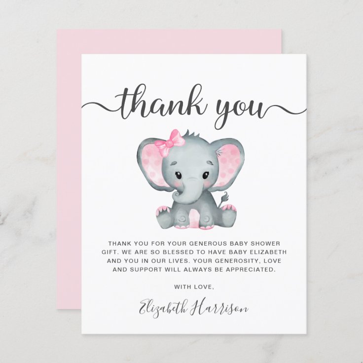 Budget Pink Elephant Baby Shower Thank You Card | Zazzle