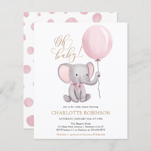 Budget Pink Elephant Girl Baby Shower Invitation