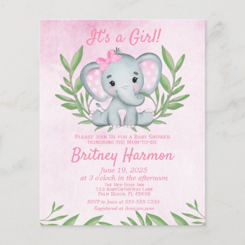 Budget Pink Elephant Girl Baby Shower Invitation