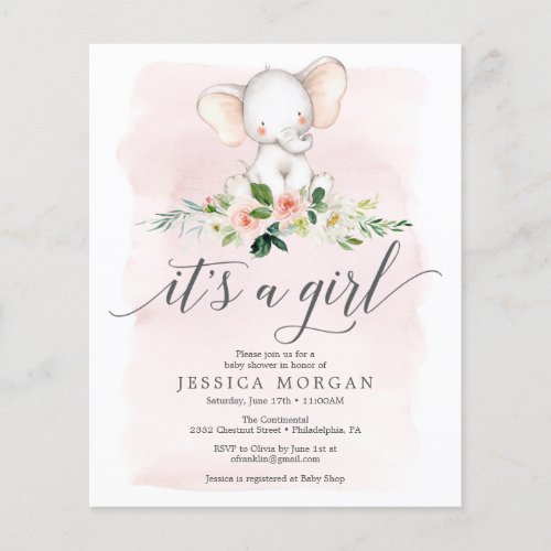 Budget Pink Elephant Girl Baby Shower Invitation Flyer