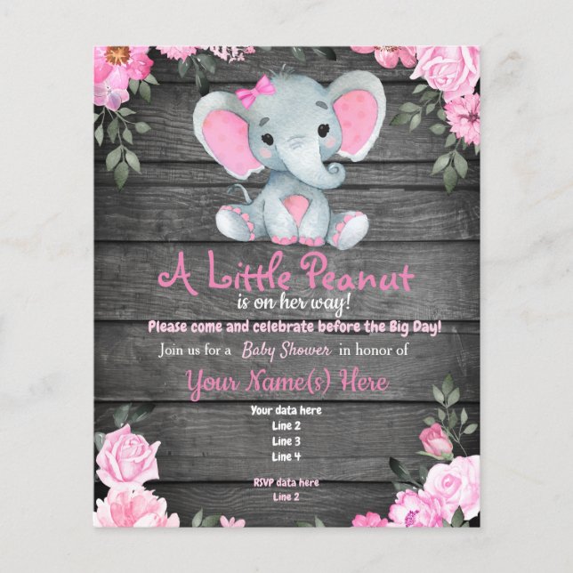 Budget Pink Elephant Rustic Floral Baby Shower Flyer (Front)