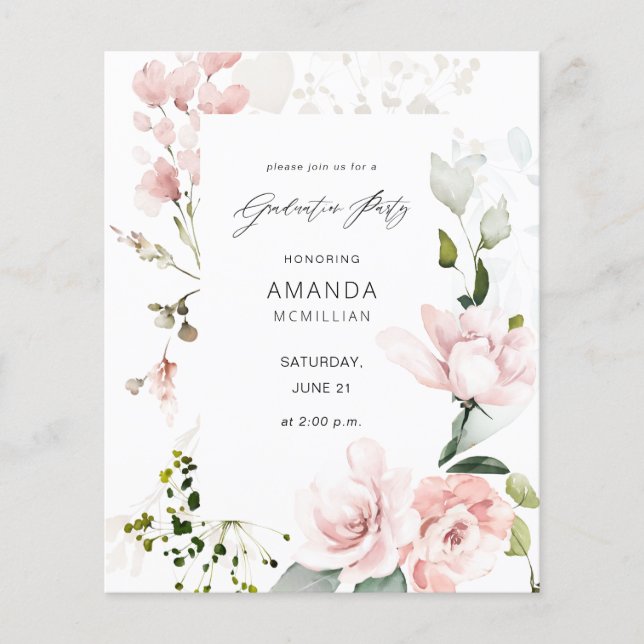 Budget Pink & Eucalyptus Floral Graduation Party Flyer (Front)