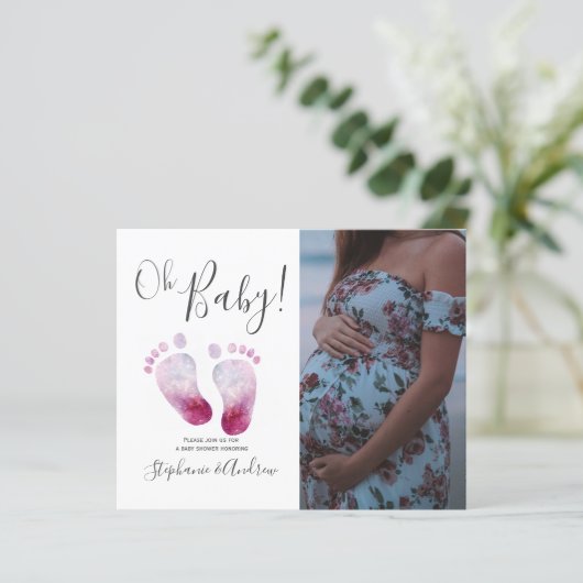 Budget Pink Feet Girl Baby Shower Photo Invitation (Standing Front)