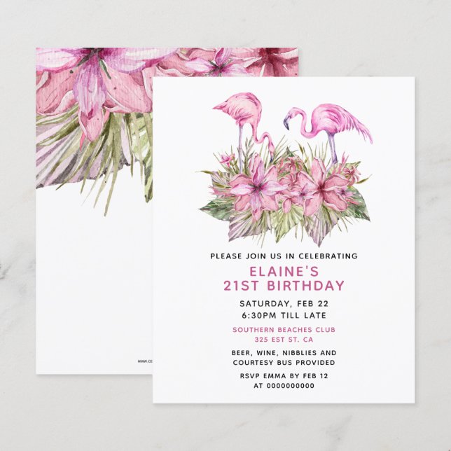 Budget Pink Flamingo Birthday Party Invitation (Front/Back)