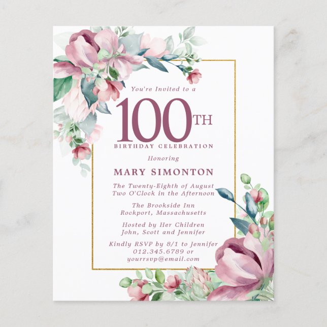 Budget Pink Floral 100th Birthday Invitation (Front)