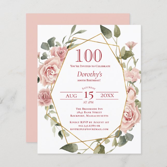 Budget Pink Floral 100th Birthday Invitation (Front/Back)