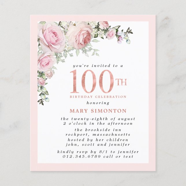 BUDGET Pink Floral 100th Birthday Invitation (Front)