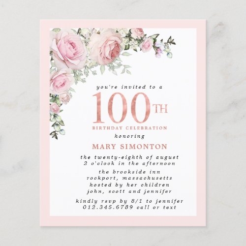 Budget Pink Floral 100th Birthday Invitation