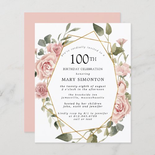 Budget Pink Floral 100th Birthday Invitation