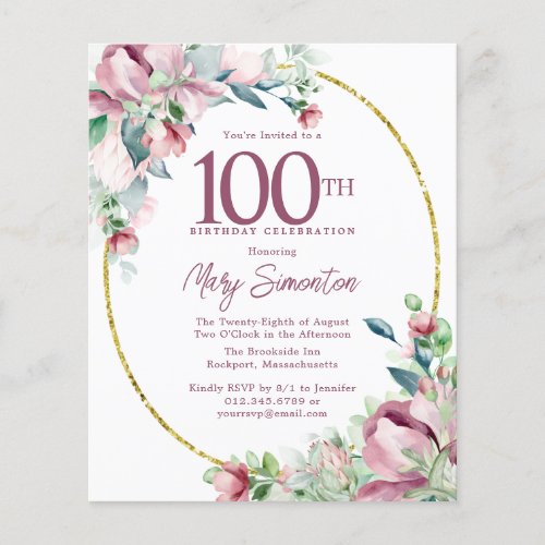 Budget Pink Floral 100th Birthday Invitation