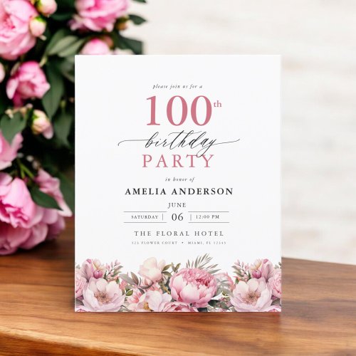 Budget Pink Floral 100th Birthday Invitation