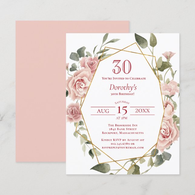 Budget Pink Floral 30th Birthday Invitation (Front/Back)