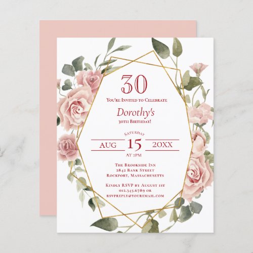 Budget Pink Floral 30th Birthday Invitation