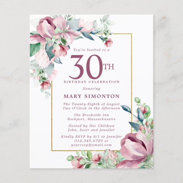 Budget Pink Floral 30th Birthday Invitation (Front)