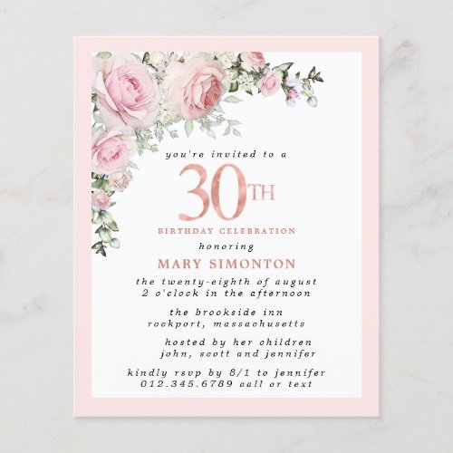 Budget Pink Floral 30th Birthday Invitation