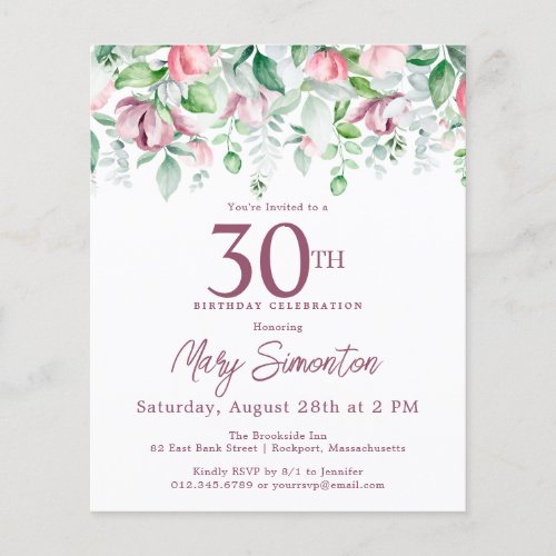 Budget Pink Floral 30th Birthday Invitation